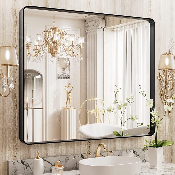 WEER Black Bathroom Mirror, 40X32 Inch Rectangular Matte Black Metal Framed for Wall, Farmhouse Bathroom Vanity Mirror with Tempered Glass, Rounded Corner, Anti-Rust (Horizontal/Vertical)