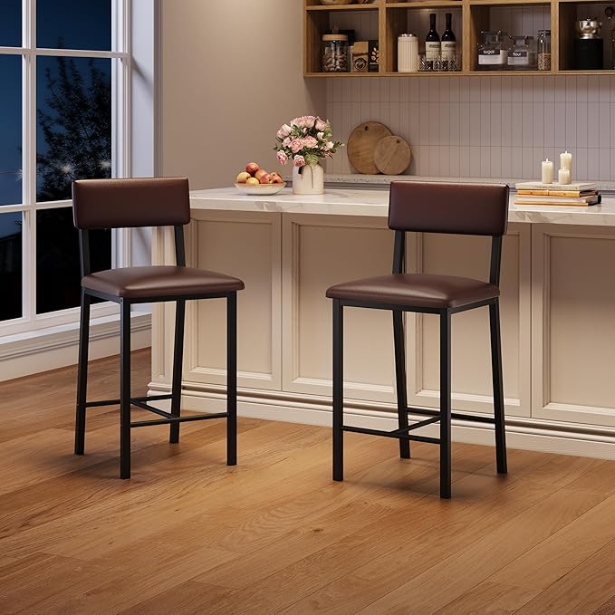 Garvee Bar Stools Set of 2, Kitchen Barstools with Thick Cushion, 25 Inch Counter Height Bar Stools with Backrest and Footrest, for Dining Room, Kitchen Island Counter Chairs, Retro Brown