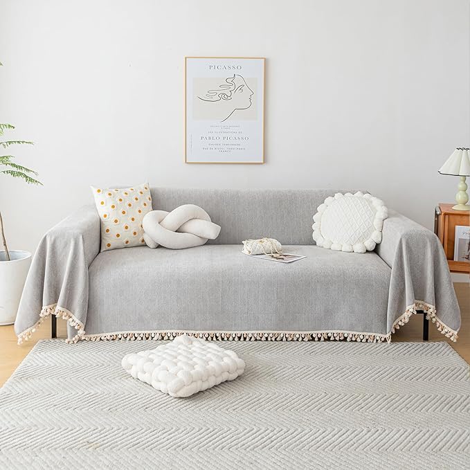 HANDONTIME Grey Sofa Cover for Couch Boho Couch Cover for 3 Seat Dog Couch Cover Love Seat Couch Covers Light Grey Sofa Sectional Cover 71" X118" Tassel Chenille Herringbone Sofa Covers Washable
