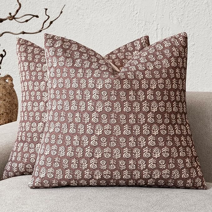 Foindtower Set of 2 Decorative Vintage Floral Print Throw Pillow Covers Neutral Modern Farmhouse Cushion Covers Boho Home Decor for Sofa Couch Chair Bedroom Living Room Outdoor,24×24 Inch,Wine Red