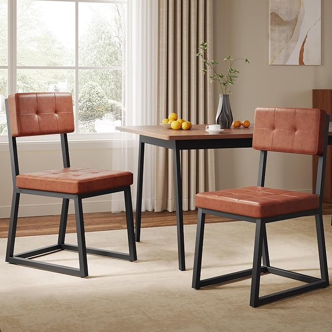 DWVO Modern Dining Chairs Set of 2 Brown Upholstered Kitchen Chairs with Faux Leather Cushion Seat and Heavy Duty Metal Leg for Kitchen Living Room Restaurant, Brown