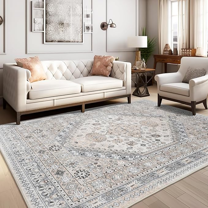 zesthome 3x5 Rug Ultra Soft Washable Rug, Non Slip Area Rug Indoor Entrance, Stain Resistant Rugs for Living Room Bedroom, Vintage Home Decor Area Rugs (Beige,3'x5')