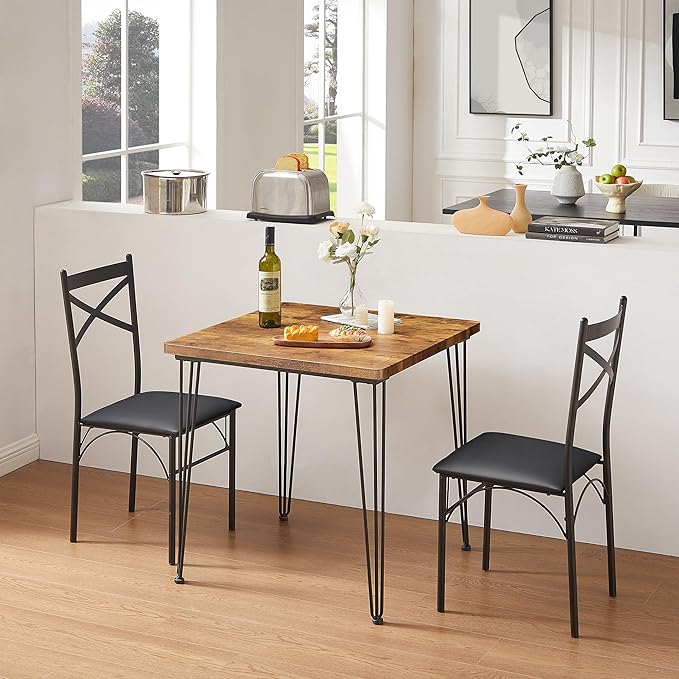 VECELO 3-Piece Dining Room Kitchen Table and Pu Cushion Chair Sets for Small Space, 2, Classic Brown,Dining Set for 2