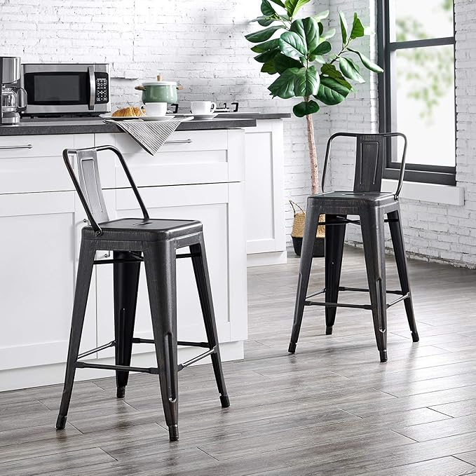 AC Pacific 24” Metal Barstool Set of 4 – Country Rustic Style with Low Back, Lightweight & Sturdy Build, Easy Assembly – Distressed Black