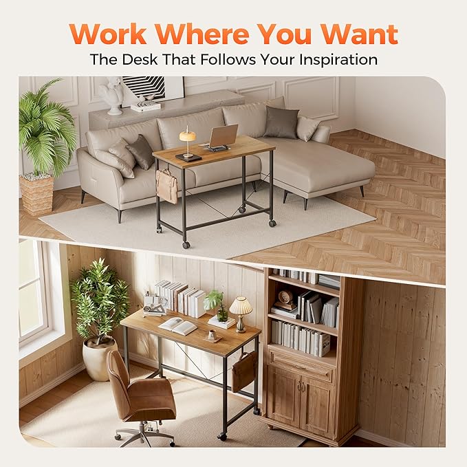 Rolling Computer Desk with Wheels, Gaming Desk for Small Spaces, Modern Simple Style Table for Home Office, Study Writing Table (Caster, Light Antique, 40 inch)