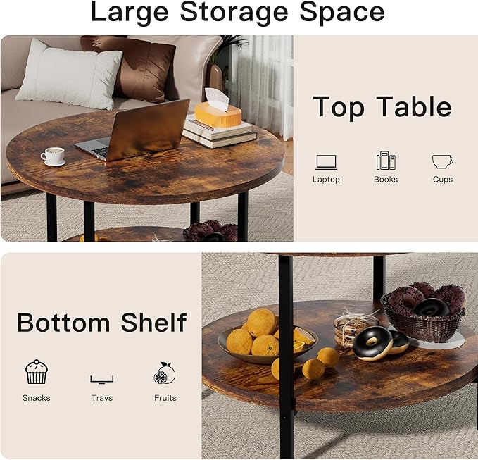 Coffee Table, 2 Tier Coffee Tables for Living Room, Round Coffee Table with Storage, Floor Table for Bedroom, Home Office, Rustic Brown (27.6" D x 17.7" H)