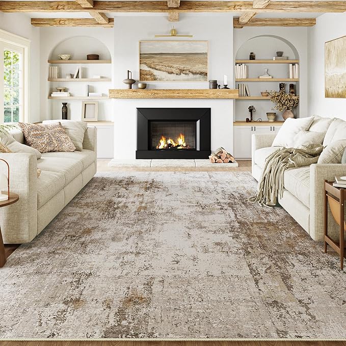 9x12 Washable Area Rug Brown Grey Neutral Abstract Living Room Bedroom Large Throw Rug Non Slip Soft Low Pile Indoor Floor Carpet for Dining Room Kitchen Office Entryway