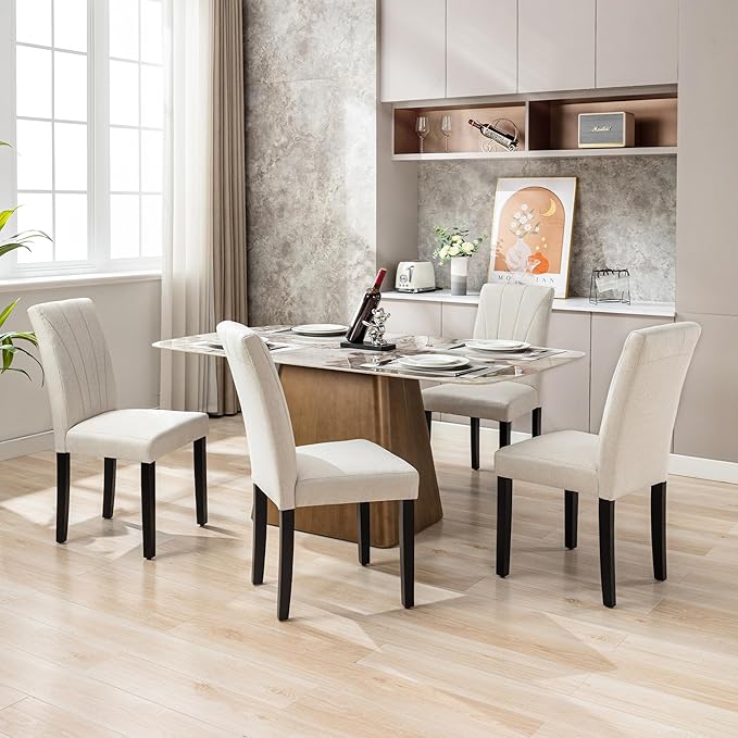VECELO Upholstered Dining Chairs Set of 2, Modern Fabric and High Back & Solid Wood Legs, Parsons for Kitchen/Living Room- Beige