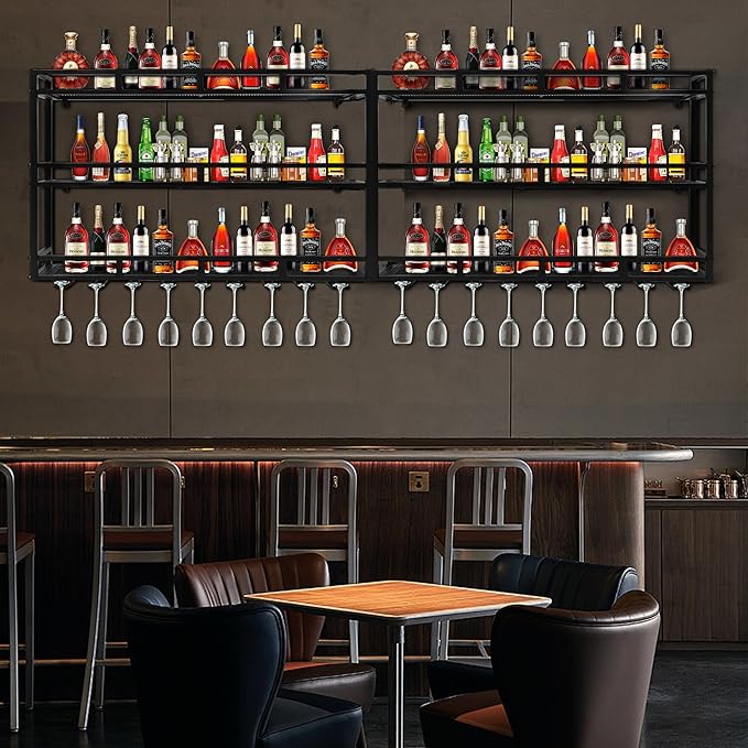 Metal Wine Rack Wall Mounted, Bar Shelves for Liquor Bottles with LED Light, 3 Tier Large Capacity Liquor Rack Wall Mounted with Glass Holder for Home Bar & Dining Room （Black, 47in/120cm）