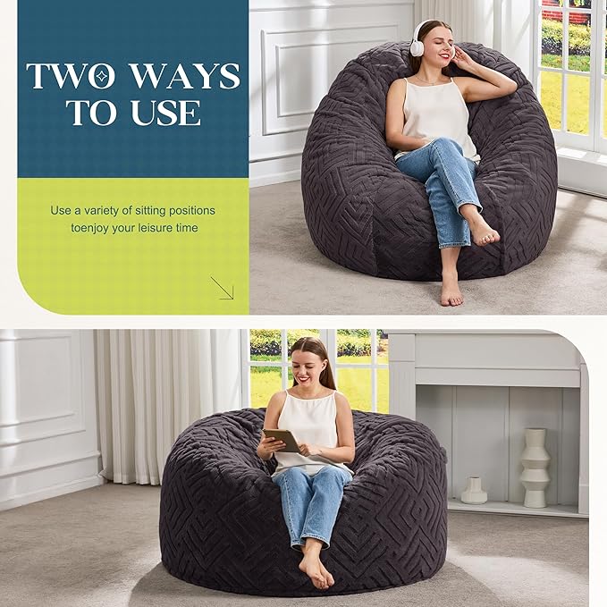 Hobestluk Bean Bag Chairs Adults Beanbag Chair with Filler Large Bean Bags with Fluffy Embossed Cover, Giant Bean Bag Chairs for Adults (Dark Grey, 4FT - 44” x 44” x 24”)