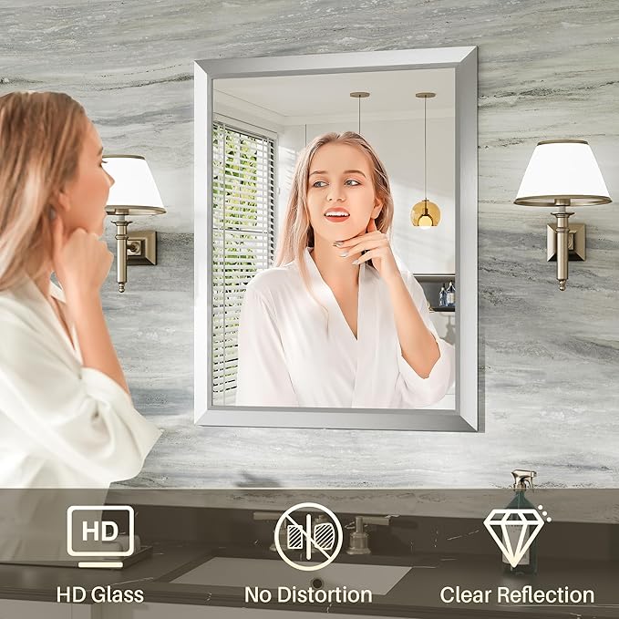 24x32 Inch Silver Bathroom Mirror for Wall, Thick Metal Framed Rectangle Mirrors for Over Sink, Bedroom, Living Room, Entryway, Anti-Rust, HD Tempered Glass