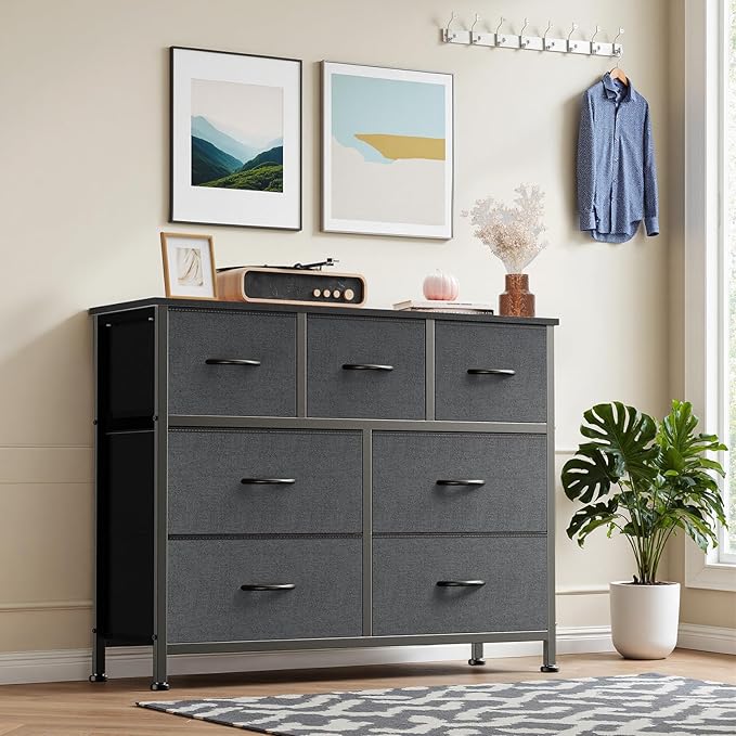 DUMOS TV Stand Dresser with 7 Fabric Drawers, Multifunctional Storage Organizer for Living Room Bedroom Closet, Entertainment Center Cabinet Chest Modern Furniture for Clothing,Charcoal Gray