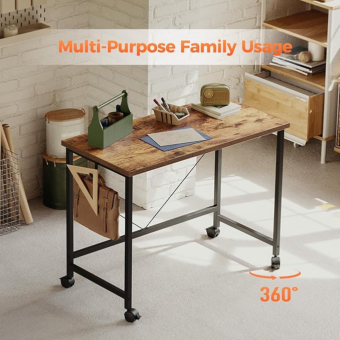 Rolling Computer Desk with Wheels, Gaming Desk for Small Spaces, Modern Simple Style Table for Home Office, Study Writing Table (Caster, Rustic Brown, 48 inch)