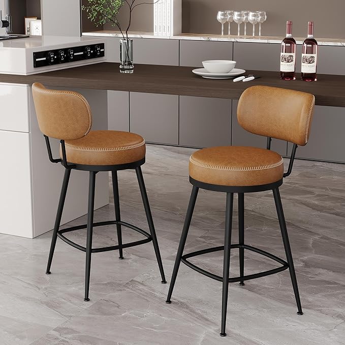 Counter Height Bar Stools, 26" H Swivel Barstools Set of 4, Faux Leather Kitchen Counter Stools with Back and Stylish Stitching, Metal Frame, Pub, Home Bar, Whisky Brown