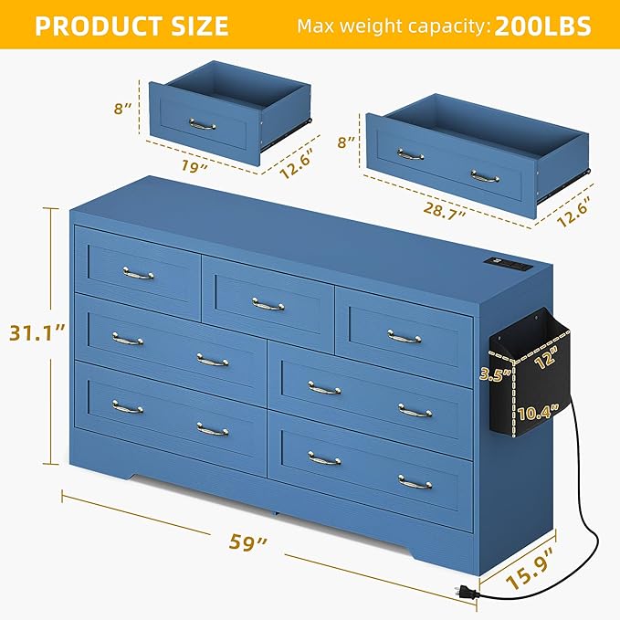 YITAHOME Drawers TV Stand for 65 inches with Power Outlets -Chest of Drawers Dresser with Side Organizer Bag Entertainment Center TV Console, Blue