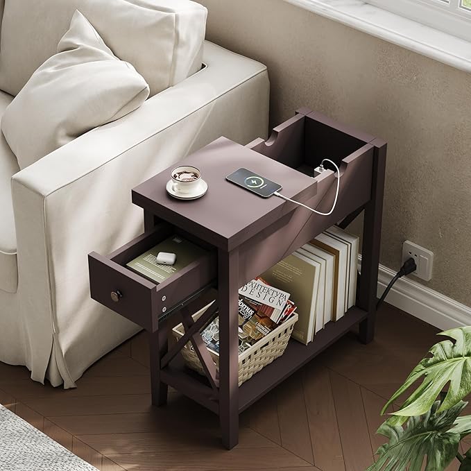 ChooChoo End Table with Charging Station, Narrow Side Table with USB Ports and Outlets, Nightstand with Drawer, for Small Spaces, Bedside Tables for Living Room Espresso