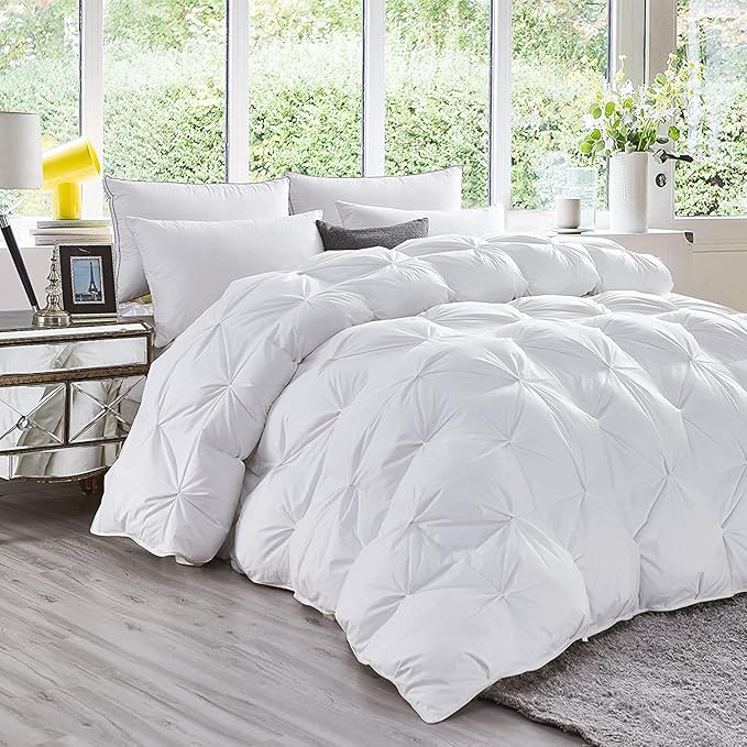 Luxurious Goose Down Feather Fiber Comforter Duvet Insert, Exquisite Pinch Pleat White Design, Oversize Palatial King White 128 x 98, Premium Baffle Box 100% Egyptian Cotton, 80 oz Fill Weight