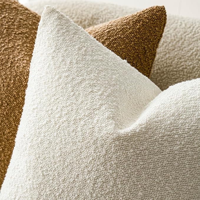Foindtower Set of 2, Decorative Textured Boucle Throw Pillow Covers Accent Solid Pillow Cases Neutral Soft Cozy Couch Cushion Case for Chair Sofa Bedroom Living Room Home Decor 24 x 24 Inch White