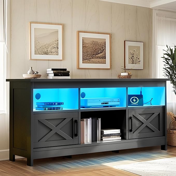 YITAHOME TV Stand for 65 Inch TVs, Entertainment Center with Storage Cabinets, Power Outlet & LED Light, Media TV Console with Barn Doors for Living Room, Black