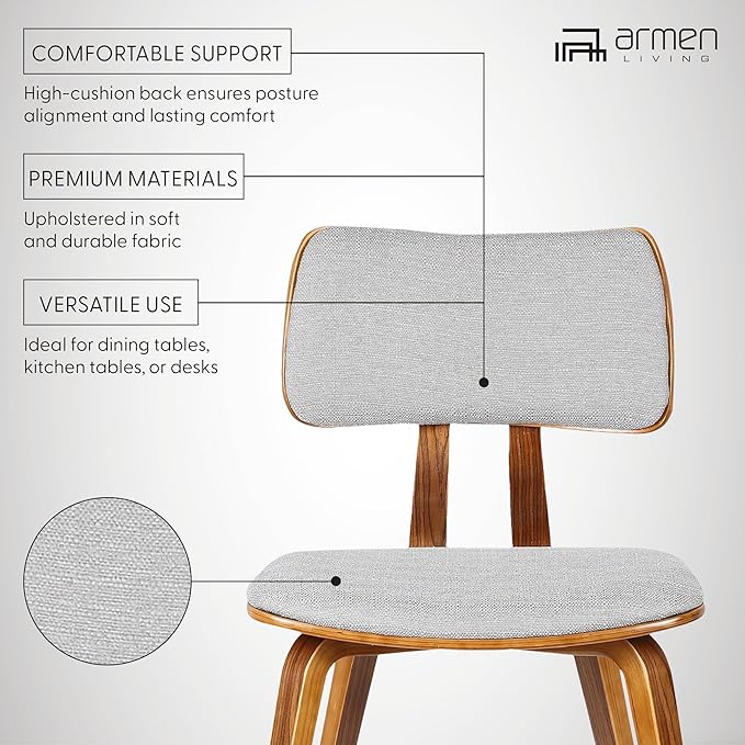 Armen Living Jaguar Mid-Century Dining Chair in Walnut Wood and Gray Fabric - Set of 6