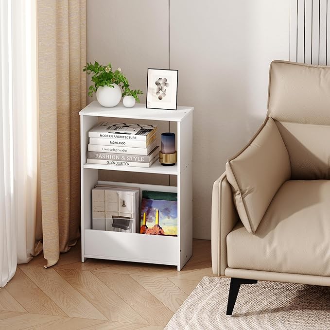3-Tier Narrow End Table, Small Stand Shelf Narrow White Side Table with Storage Shelf, Small Bookshelf Bedside Table for Bedroom, Living Room, Office, Bathroom