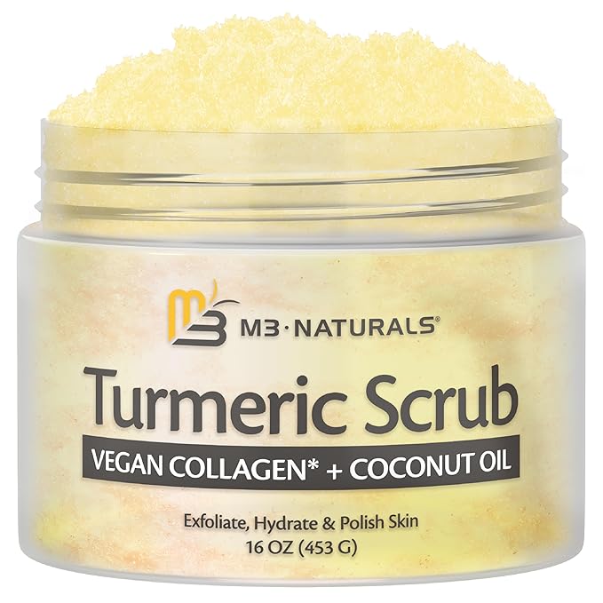 Exfoliating Turmeric Scrub and Skin Exfoliator with Collagen and Coconut Oil, Gently Exfoliates Face, Body, Hands, and Feet, Moisturizing Skincare, 16 oz by M3