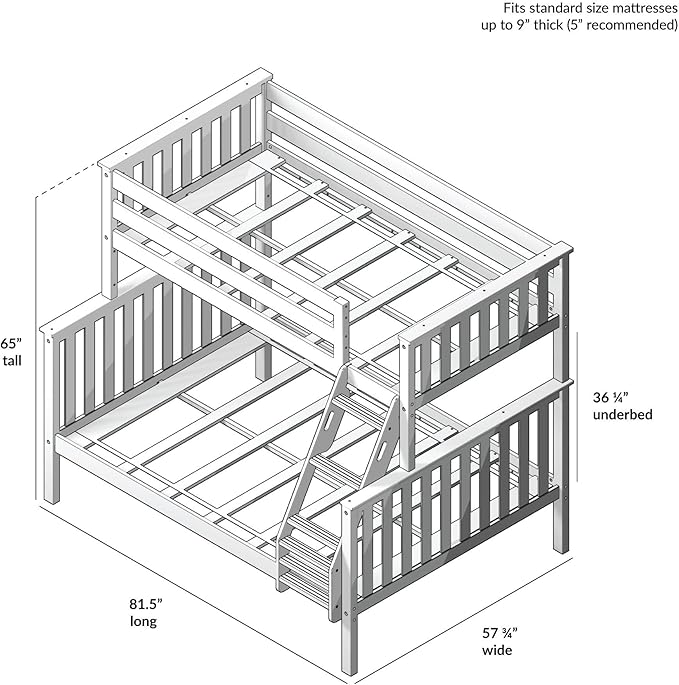 Max & Lily Bunk Bed Twin Over Full Size with Ladder, Solid Wood Platform Bed Frame with Ladder for Kids, 14" Safety Guardrails, Easy Assembly, No Box Spring Needed, Blue