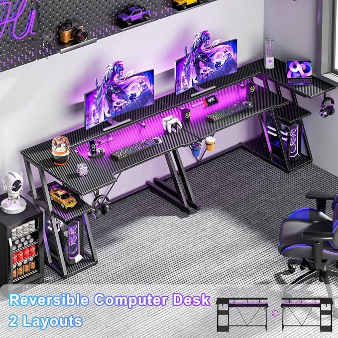 47 Inch Gaming Desk with Power Outlet & LED Lights, Corner Computer Desk with 3 Tiers Storage Shelves, Home Office Desk with Monitor Stand for Small Space, Carbon Fiber Black
