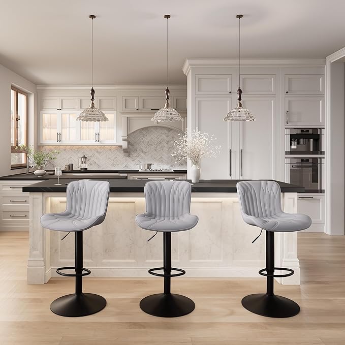 YOUNIKE Grey Bar Stools Set of 6 Modern Swivel Counter Height Bar Chair with Back Adjustable Kitchen Island Faux Leather Padded Barstools taburetes de bar Breakfast sillas para barra de cocina 6PCS