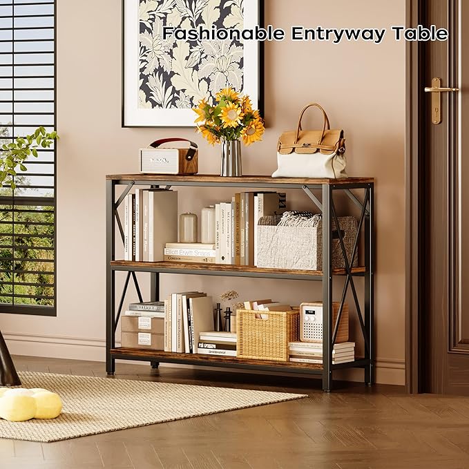 Homeiju Entry Table 40" Width, 3-Tier Entryway Table with Storage, Industrial Sofa Table with Open Shelves, Foyer Tables for Entryway, Hallway, Kitchen, Living Room and Bedroom, Rustic Brown