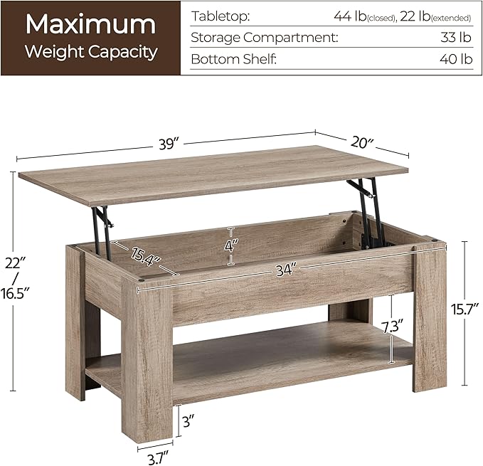 Yaheetech Lift Top Coffee Table with Hidden Compartment and Storage Shelf, Rising Tabletop Dining Table for Living Room Reception Room, 38.6in L, Grey