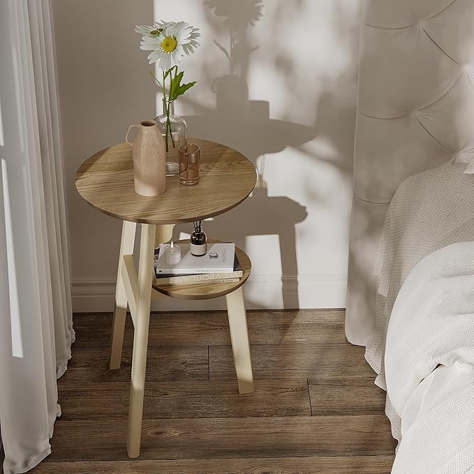 ChooChoo Round End Table for Small Spaces, Narrow Side Table, Accent Table Night Stand with 2 Tier Shelf for Bedroom and Living Room, Natural