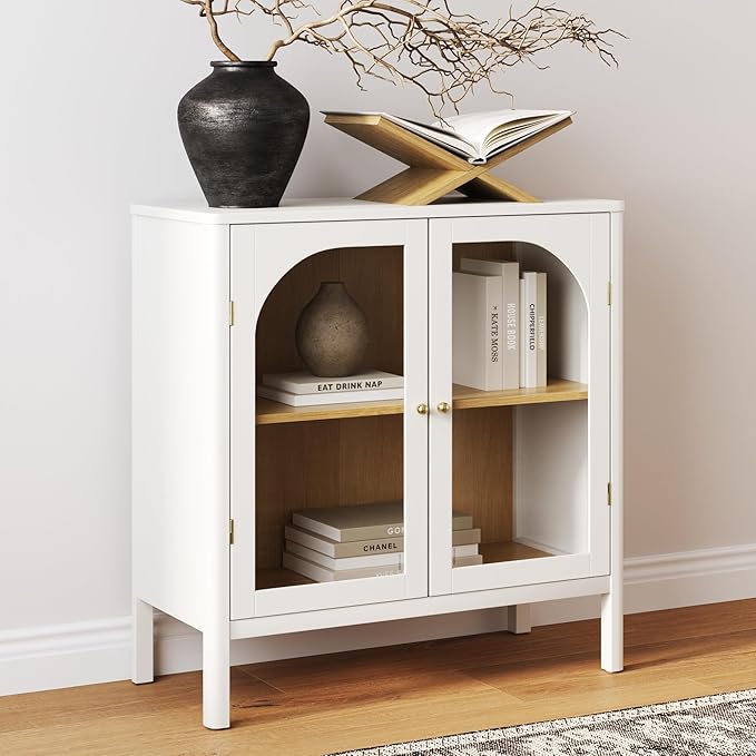 Nathan James Mason Storage Accent Cabinet Sideboard Buffet, Credenza with Glass Doors and Adjustable Shelf for Dining Room, Entryway and Living Room, Clear Glass/White/Light Oak