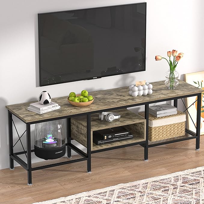 VECELO Industrial TV Stand for 75 Inch Television Cabinet 3-Tier Console with Open Storage Shelves, Entertainment Center Metal Frame for Living Room, Bedroom, 70 Inch, Light Grey