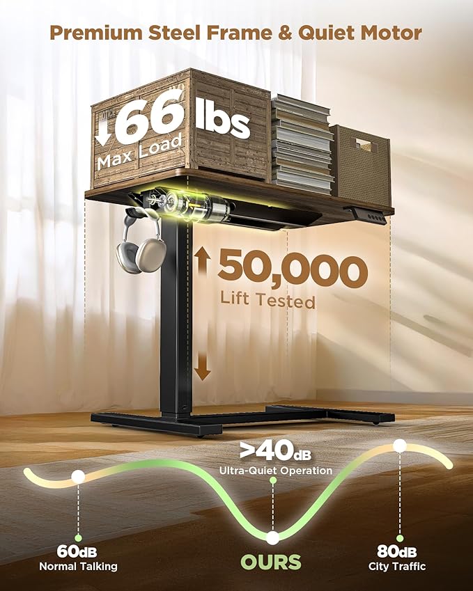 Electric Adjustable Height Standing Desk - Small Sit Stand Portable Rolling Laptop Table with Hidden Wheels, Small Computer Workstation for Bedside & Home Office Use (28"x16",Dark Walnut)