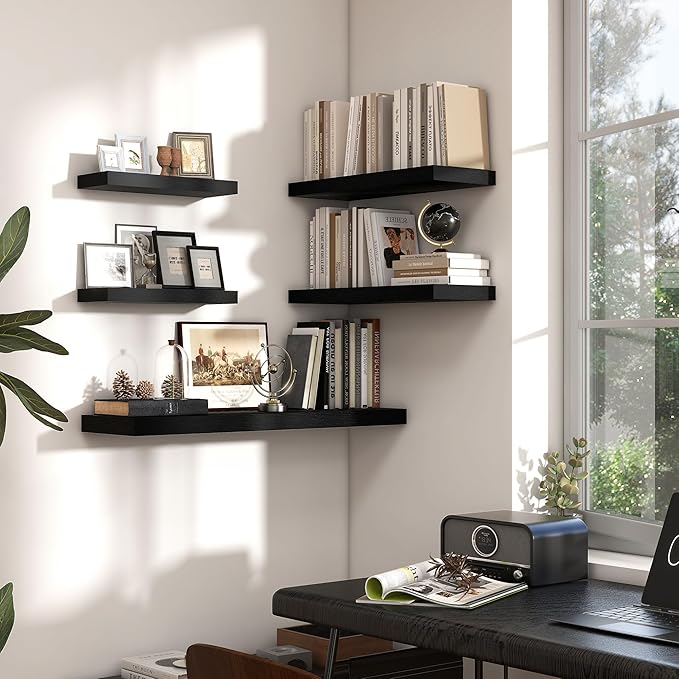 Heimlove 24 inch Floating Shelves for Wall,9.3 inch deep Black Wood Shelves with Invisible Brackets,Wall Mounted Storage & Display Shelves for Bedroom,Living Room,Set of 2