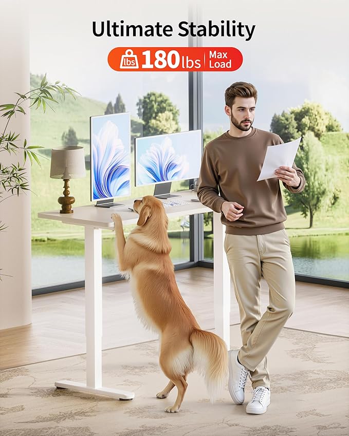 Okin Standing Desk Electric Adjustable Computer Whole Piece Stand up Desk Office Gaming Home Office Memory Desks 48x24 inches Cream Brown