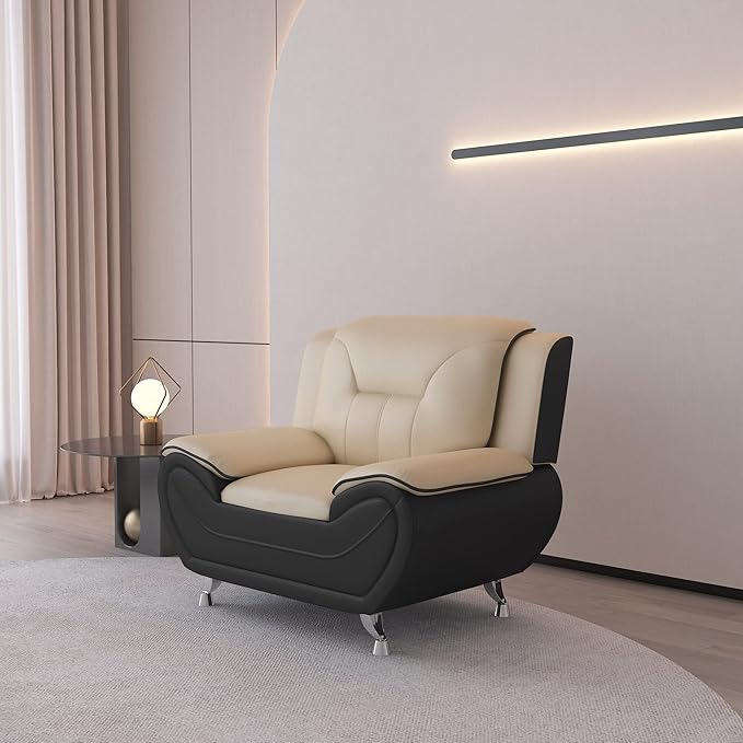 Container Furniture Direct Michael Modern Faux Leather Upholstered Stainless Steel Legs Living Room Sofa, Chair, Camel/Black