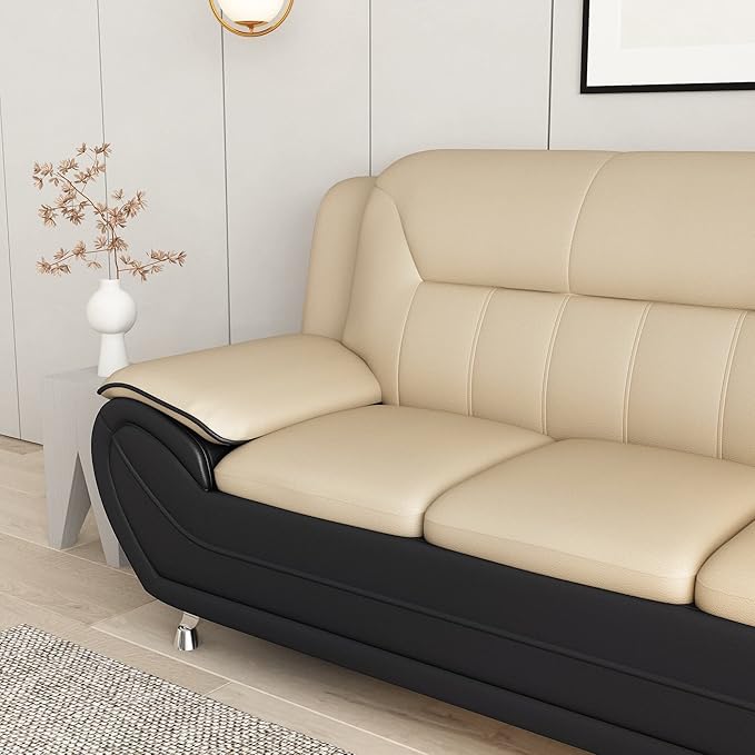Container Furniture Direct Michael Modern Faux Leather Upholstered Stainless Steel Legs Living Room Sofa, Loveseat, Camel/Black