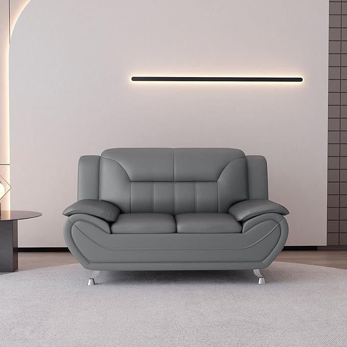 Container Furniture Direct Michael Modern Faux Leather Upholstered Stainless Steel Legs Living Room Loveseat, Sleek Gray