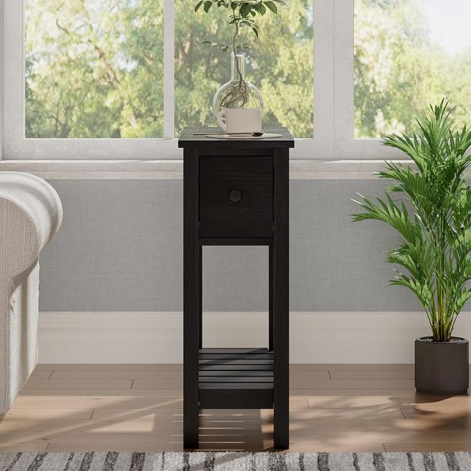 ChooChoo Narrow End Table, Small Side Table for Small Spaces, Slim End Table with Drawer, Narrow Nightstand Bedside Table for Living Room Bedroom, Black, 2 Pack