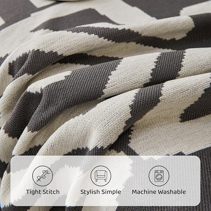 STACYPIK Boho Dark Grey Couch Cover, Soft Reversible Chenille Sofa Cover for Dog, Anti-Slip Pet Protector for 3 Cushion Couch, Washable Loveseat Couch Cover for Sectional, Decorative Blanket-71X134IN