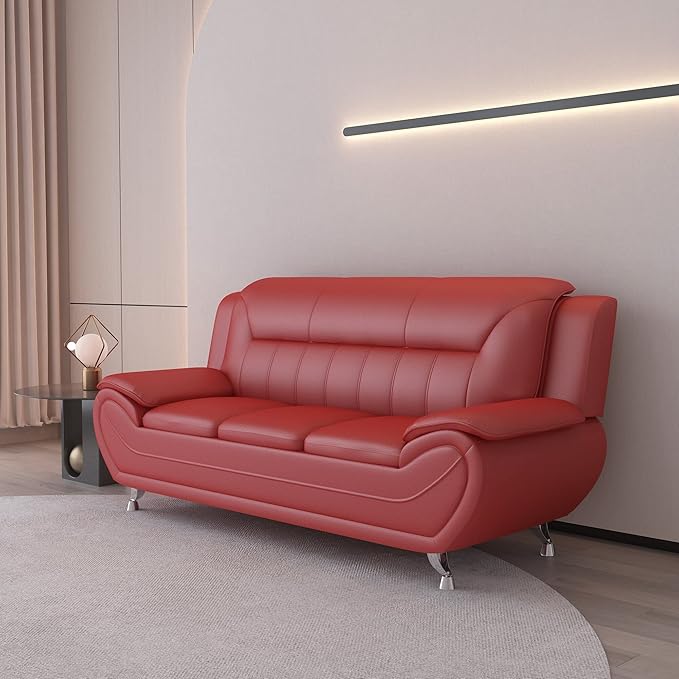 Container Furniture Direct Michael Modern Faux Leather Upholstered Stainless Steel Legs Living Room Sofa, Loveseat, Red