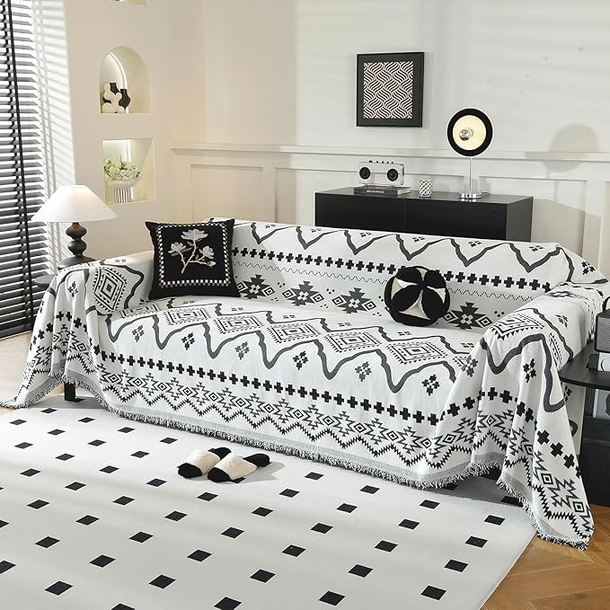 LUFEIJIASHI Boho Couch Covers for Sofa Non Slip Sofa Covers Washable Couch Covers for 3 Cushion Couch Sofa Pet Friendly Sectional Couch Cover Blanket Furniture Protector for Dogs (Black, 71"x118")