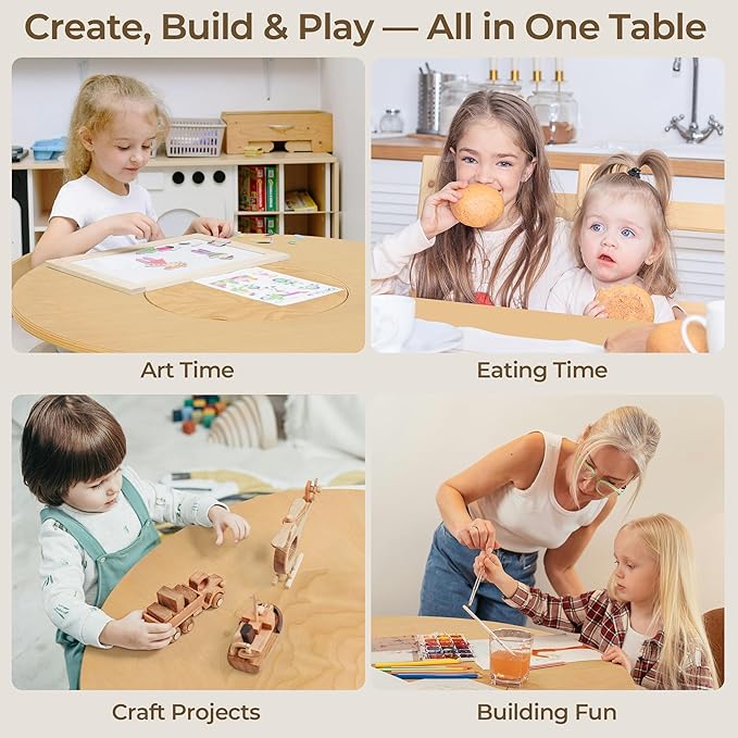 Kid Round Table and 4 Chairs Set with Storage Tub, Wooden Toddler Table Chair for Arts, Crafts, Eating, Learning, Kid Play and Activity Table for Home, Daycare or Playroom