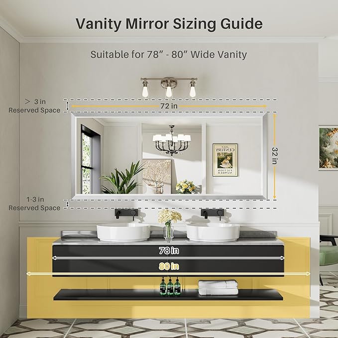 72x32 Inch Silver Bathroom Mirror for Wall, Thick Metal Framed Rectangle Mirrors for Over Sink, Bedroom, Living Room, Entryway, Anti-Rust, HD Tempered Glass