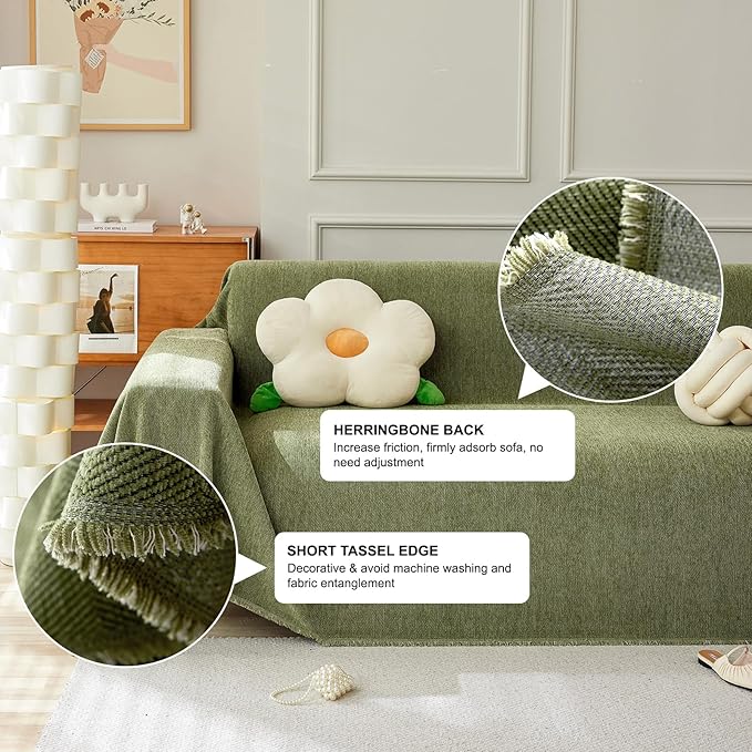 STACYPIK Breathable Matcha Green Sectional Couch Covers Thick Sofa Cover for Dogs Herringbone Pet Protector for 3 Cushion Couch L Shape Sofa Cover Futon Cover Decorative for Couch-71X134IN