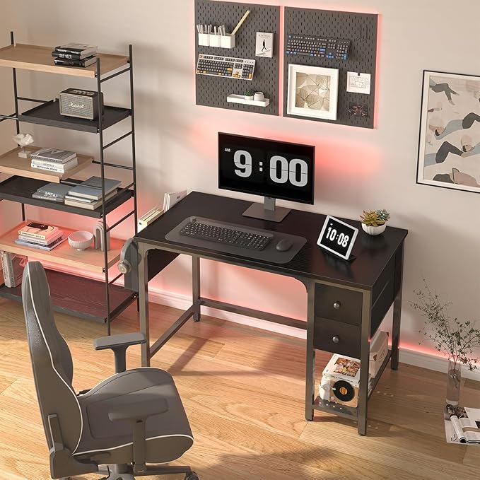 Lufeiya Computer Desk with Fabric Drawers, 40 Inch Reversible Gaming Desk for Small Space Home Office, Modern Simple Study Writing Table PC Desks for Bedroom, Black