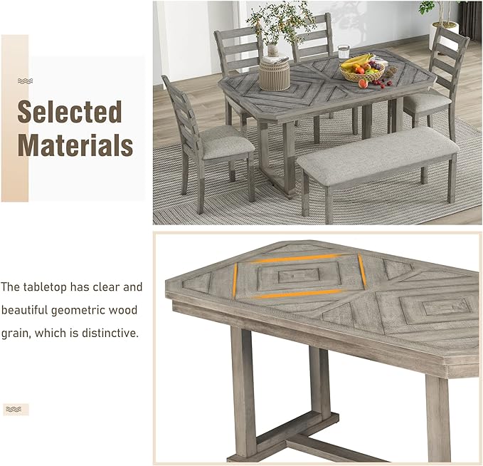 Merax 6-Piece Rubber Wood Dining Table Set with 4 Cushioned Chairs and Bench, Beautiful Wooden Grain Pattern Tabletop, Grey
