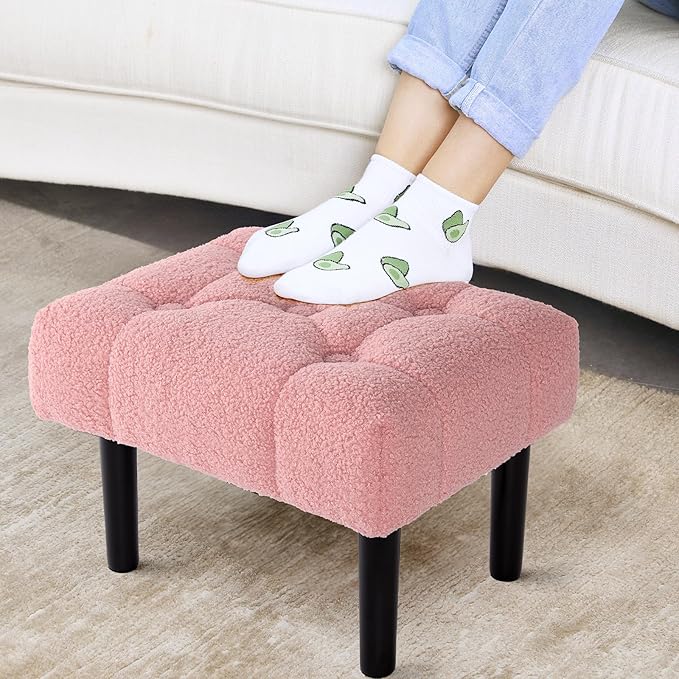 HOUCHICS Fur Padded Foot Stool, Small Ottoman Foot Rest with Wooden Legs,Modern Rectangle Chair Foot Rest Foot Step Stool for Living Room, Couch, Desk(Pink)